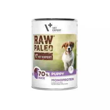 Comida húmida para cães VETEXPERT RAW PALEO Puppy Monoprotein pato 400 g, humidade 74,8 %, proteína 9,6 %, gordura 10,6 %
