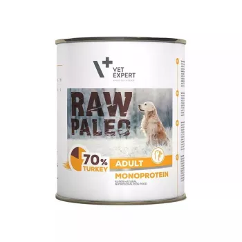 Comida húmida para cães VETEXPERT RAW PALEO Adult Monoprotein peru 800 g lata, sem cereais, sem glúten, para alergias alimentares