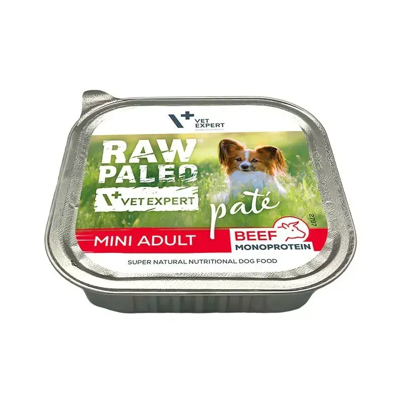 Comida húmida para cães VETEXPERT RAW PALEO Pate Mini Adult Beef 150 g — dieta completa de comida húmida para cães adultos de raças pequenas, 80 % de humidade, 10 % de proteína