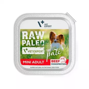 Comida húmida para cães VETEXPERT RAW PALEO Pate Mini Adult Beef 150 g — dieta completa de comida húmida para cães adultos de raças pequenas, 80 % de humidade, 10 % de proteína