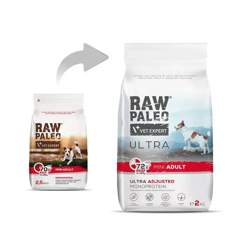 VETEXPERT RAW PALEO Ultra Mini Adult bovino, ração seca para cães, 2 kg