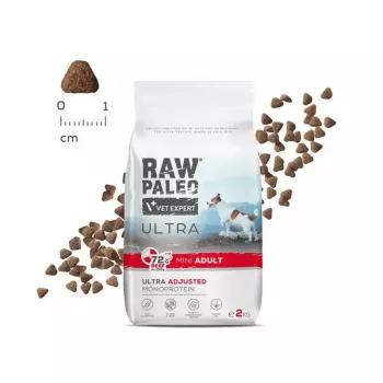 Comida seca para cães VETEXPERT RAW PALEO Ultra Mini Adult Beef 2 kg — alimento completo para cães adultos de raças pequenas, 28,5 % de proteína, 16 % de gordura