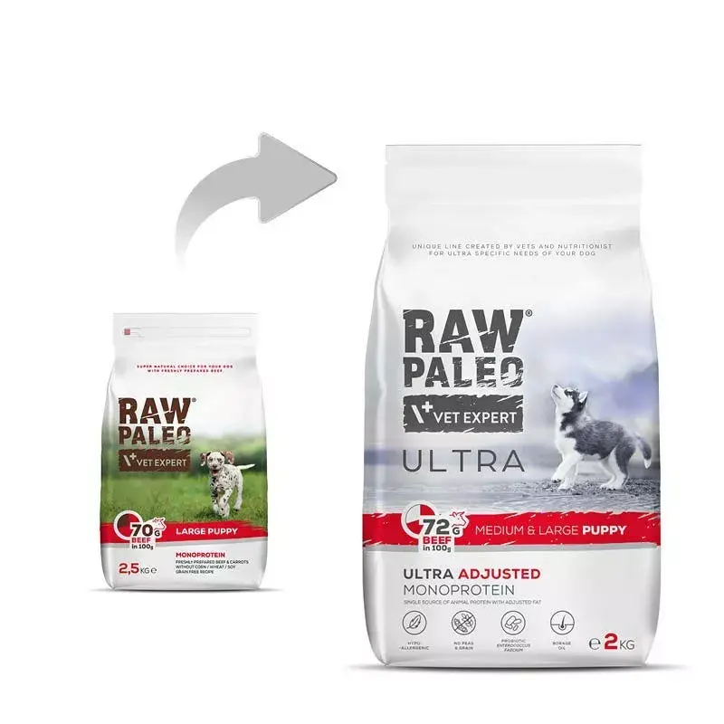 Comida seca para cachorros VETEXPERT RAW PALEO Ultra Medium & Large Beef 2 kg – vaca, proteína 30,5 %, gordura 16,5 %
