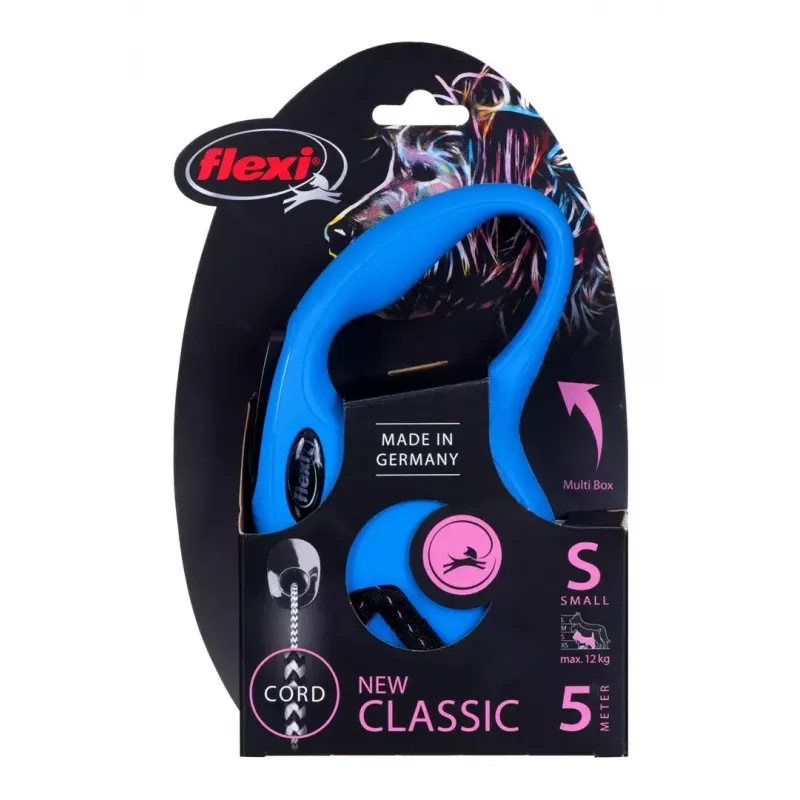 Trella Flexi New Classic S — corda, 5 m, trela individual, azul, carga máx. 12 kg