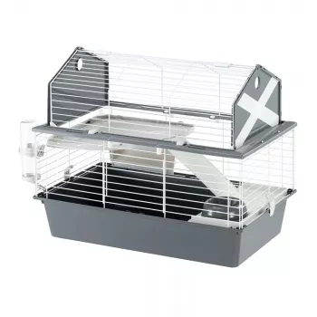 Gaiola FERPLAST Barn 80 para coelhos cinzenta e branca — 780×480×650 mm, metal e plástico, inclui comedouro