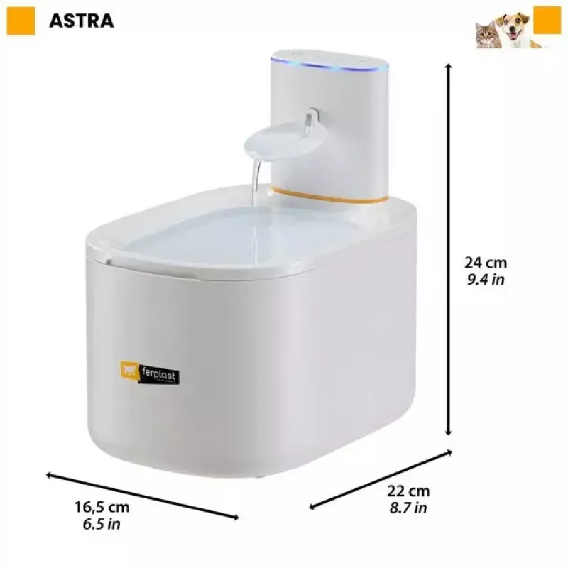 Fonte para animais FERPLAST ASTRA 3L com sensor de movimento — 3 l tecnopolímero, alimentação por pilha/DC, filtração em 3 fases