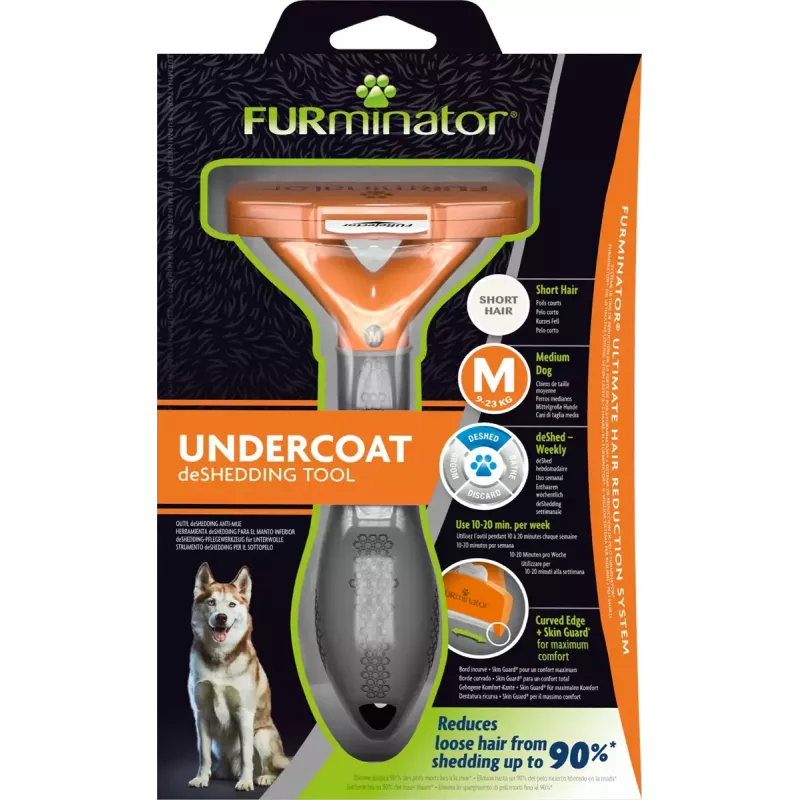 Escova de desembaraço FURminator FUR151388 para cães de porte médio (10–25 kg), pelo curto, cinzento laranja