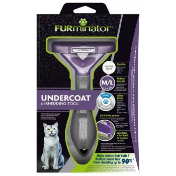 Ferramenta de desembaraço FURminator M/L para gatos de pelo curto com punho ergonómico e lâmina de aço inoxidável, 270 g