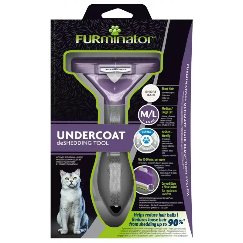 Ferramenta de desembaraço FURminator M/L para gatos de pelo curto com punho ergonómico e lâmina de aço inoxidável, 270 g