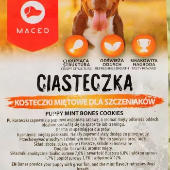 Petiscos de treino para cães MACED Puppy Mint Bones bolachas 1 kg — bolacha com sabor a menta para cachorros, embalagem de plástico de 1 kg