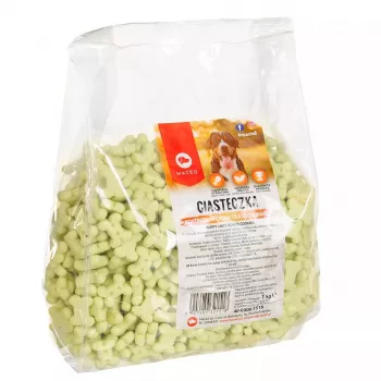 Petiscos de treino para cães MACED Puppy Mint Bones bolachas 1 kg — bolacha com sabor a menta para cachorros, embalagem de plástico de 1 kg