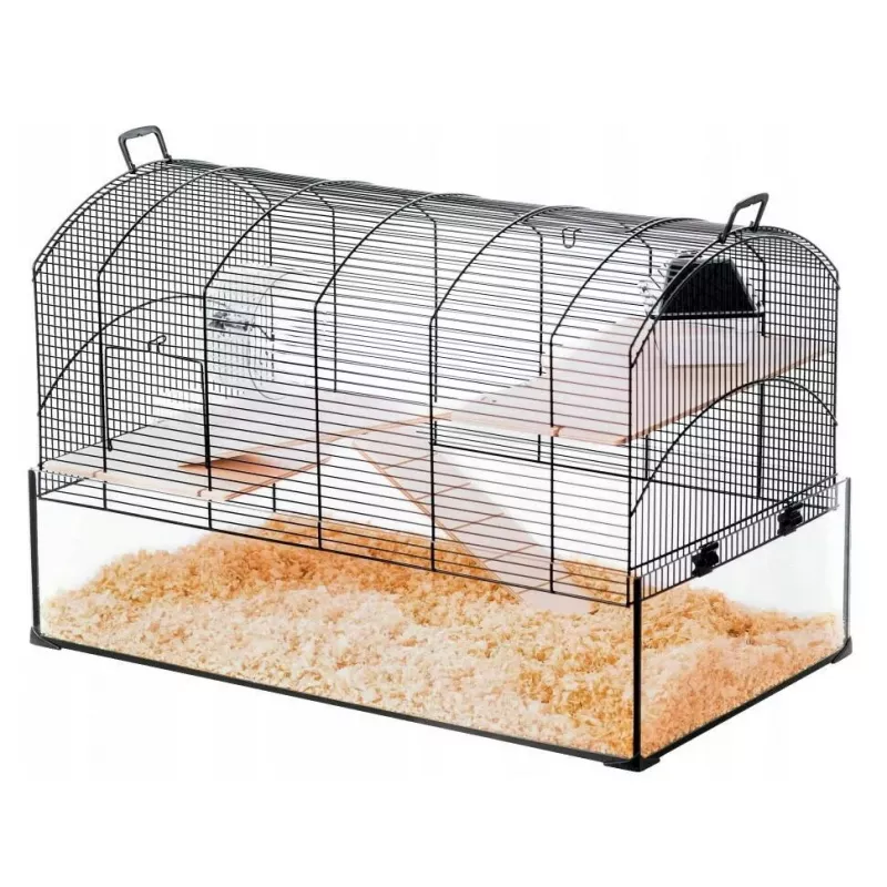 Gaiola ZOLUX NeoPanas XL de vidro para roedores, preta, medidas 710×410×490 mm, cuba de vidro altura 180 mm, incl. 2 prateleiras, 2 plataformas, comedouro, casa, roda de exercício