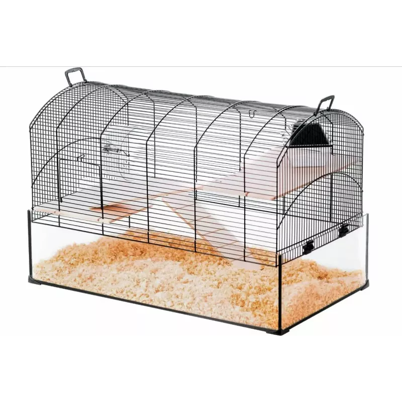 Gaiola ZOLUX NeoPanas XL de vidro para roedores, preta, medidas 710×410×490 mm, cuba de vidro altura 180 mm, incl. 2 prateleiras, 2 plataformas, comedouro, casa, roda de exercício