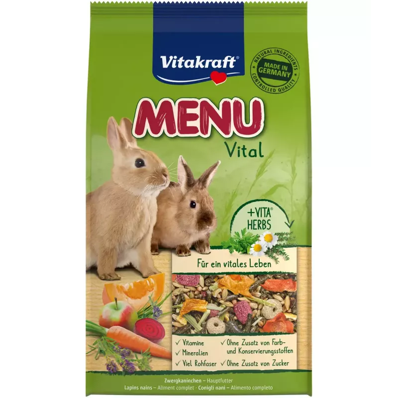 Ração seca para coelhos anões Vitakraft 25542 — 3 kg, sabor a cereais, sem conservantes, saco resistente, 14% fibra bruta