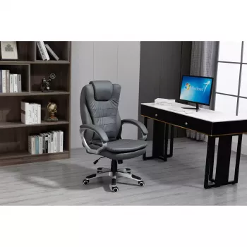 Cadeira de escritório giratória aquecida ActiveJet YK7304 — assento e encosto estofados em pele cinzento, encosto ajustável, elevador a gás 45–55 cm