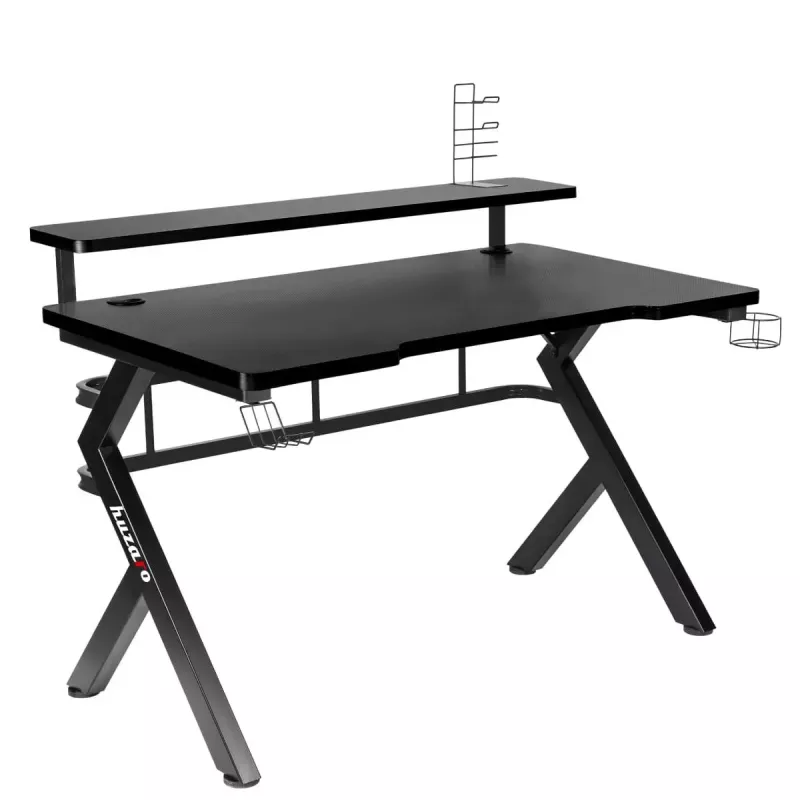 Secretária gaming Huzaro Hero 5.0 preta — estrutura reta em alumínio, tampo em fibra de carbono 1200×600 mm