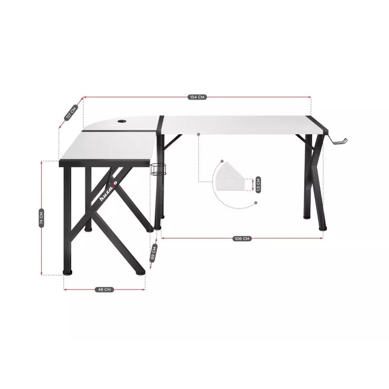 Huzaro Hero 6.3 secretária gaming, 154×48×74 cm, espessura do tampo 1,5 cm, branca
