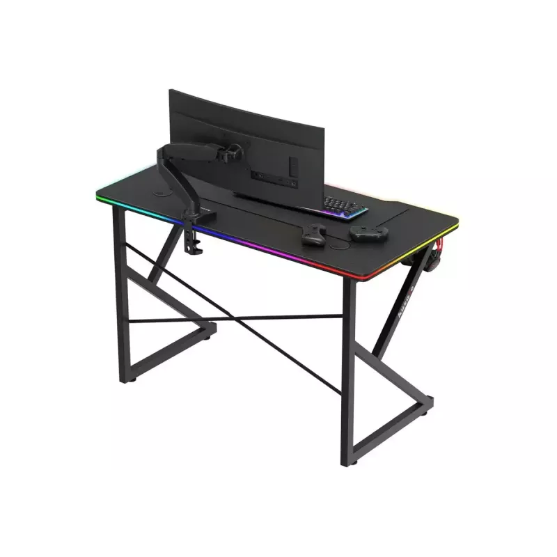 Secretária gaming Huzaro Hero 1.7 RGB preta — secretária ergonómica reta 1200x600 mm, 750 mm de altura, LED, porta-copos, suporte para auscultadores