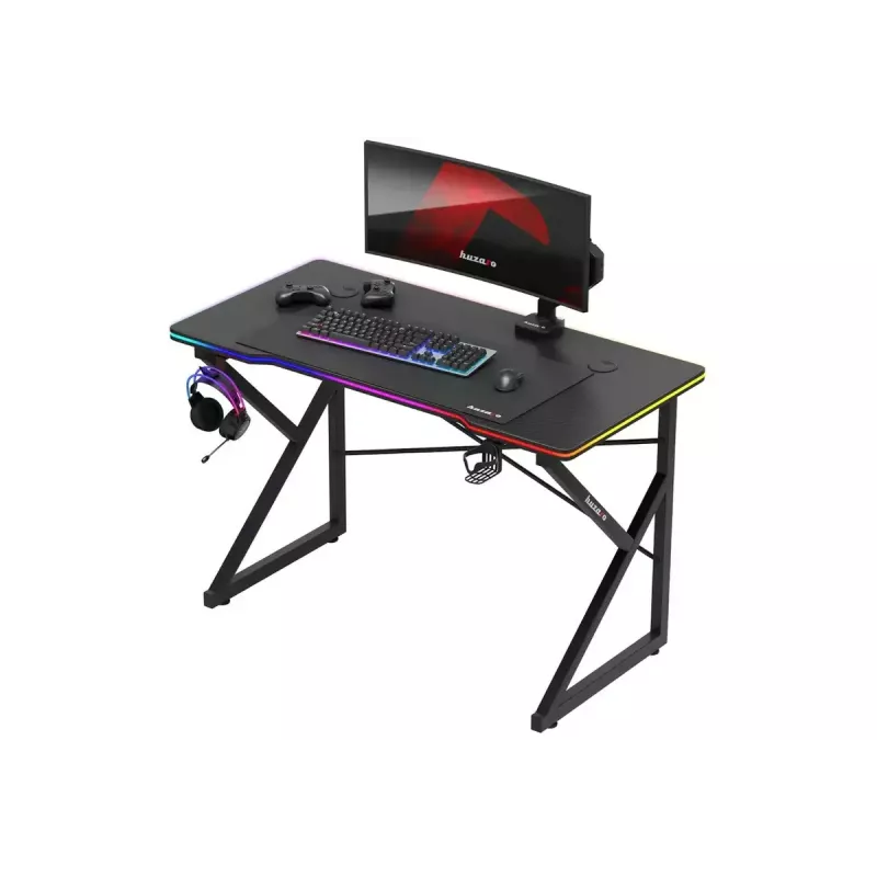 Secretária gaming Huzaro Hero 1.7 RGB preta — secretária ergonómica reta 1200x600 mm, 750 mm de altura, LED, porta-copos, suporte para auscultadores