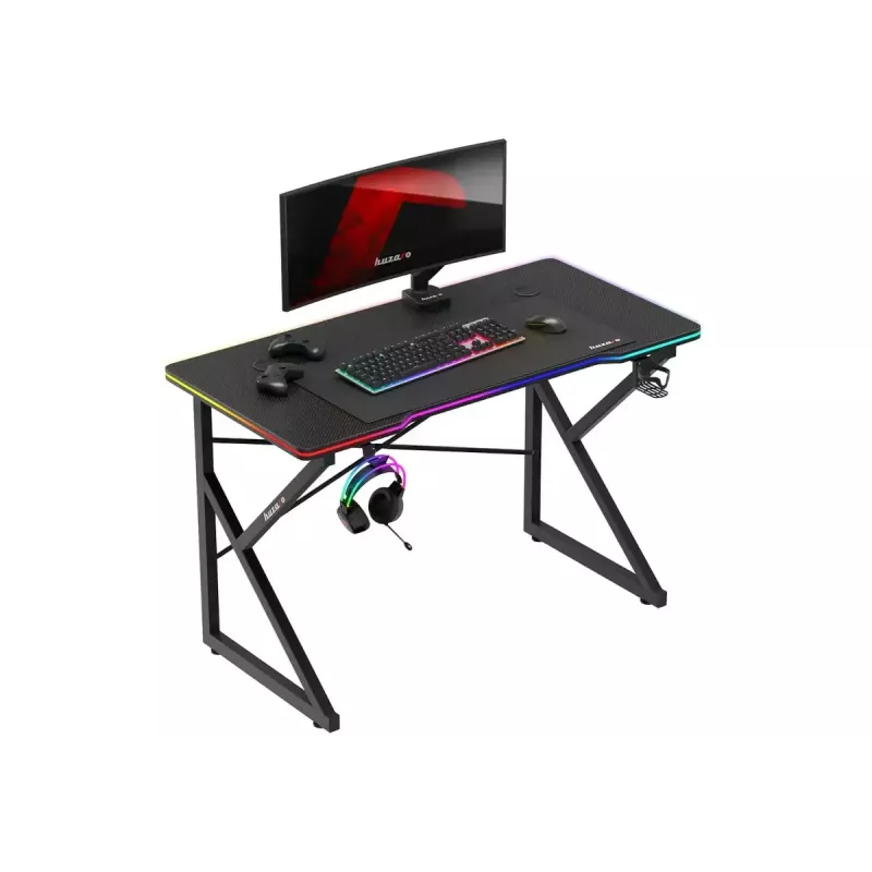 Secretária gaming Huzaro Hero 1.7 RGB preta — secretária ergonómica reta 1200x600 mm, 750 mm de altura, LED, porta-copos, suporte para auscultadores