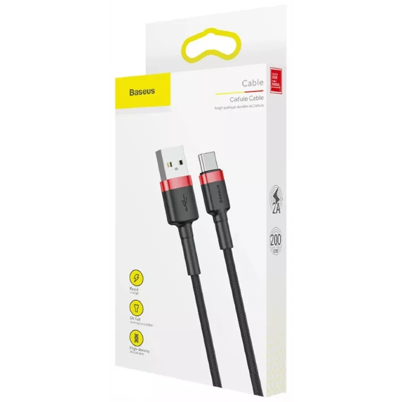 Cabo de carregamento rápido Cafule entrançado BASEUS - USB Type-A para Type-C 2A - 2 m - preto (nylon)