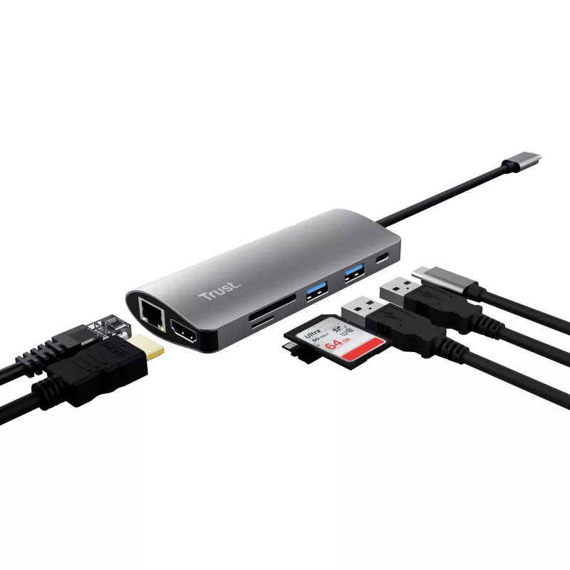 Trust Dalyx 23775 adaptador multiporta USB-C 7 em 1, USB-C 3.2, HDMI, RJ-45 Gigabit Ethernet, leitor SD/microSD, prateado