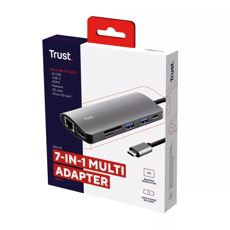 Trust Dalyx 23775 adaptador multiporta USB-C 7 em 1, USB-C 3.2, HDMI, RJ-45 Gigabit Ethernet, leitor SD/microSD, prateado