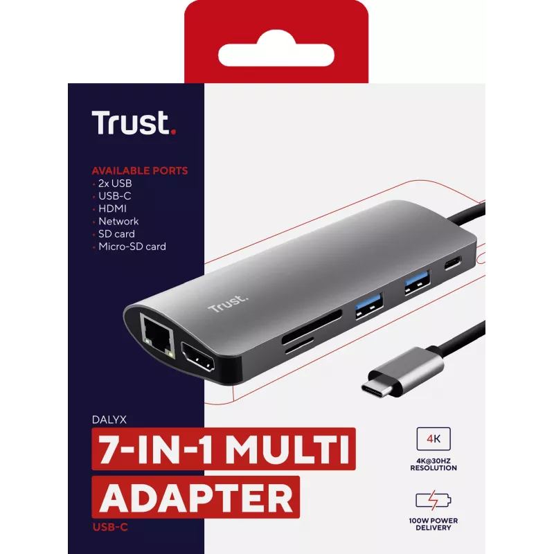 Trust Dalyx 23775 adaptador multiporta USB-C 7 em 1, USB-C 3.2, HDMI, RJ-45 Gigabit Ethernet, leitor SD/microSD, prateado