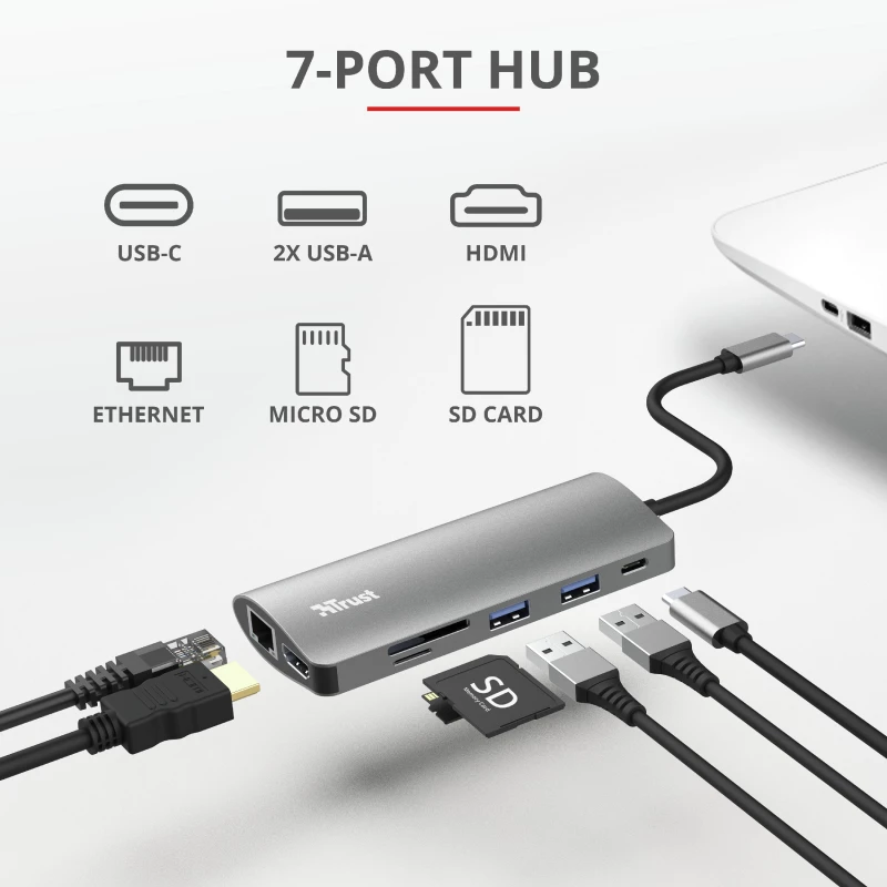 Trust Dalyx 23775 adaptador multiporta USB-C 7 em 1, USB-C 3.2, HDMI, RJ-45 Gigabit Ethernet, leitor SD/microSD, prateado