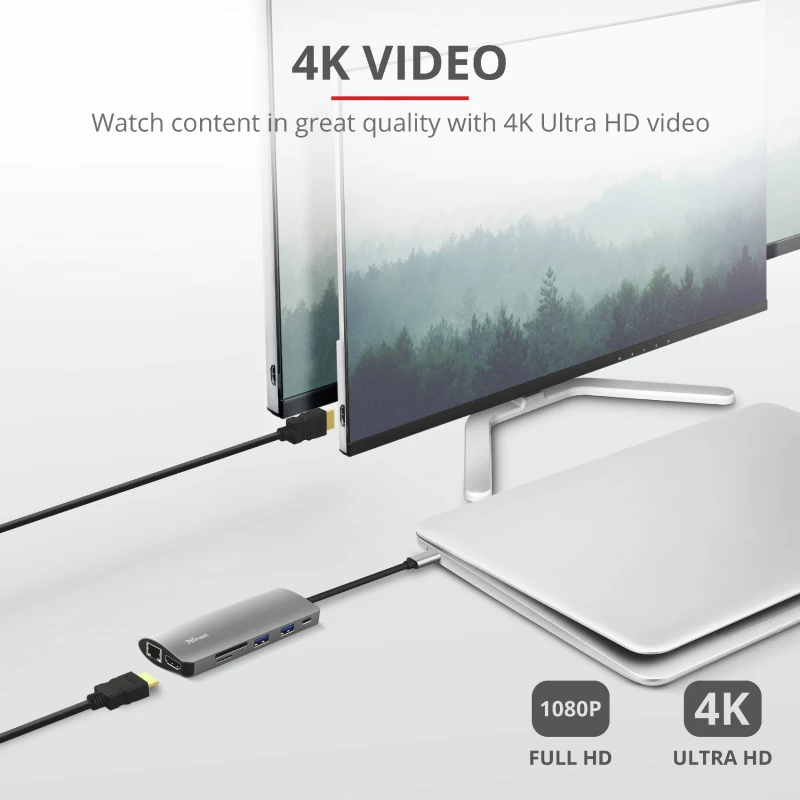 Trust Dalyx 23775 adaptador multiporta USB-C 7 em 1, USB-C 3.2, HDMI, RJ-45 Gigabit Ethernet, leitor SD/microSD, prateado