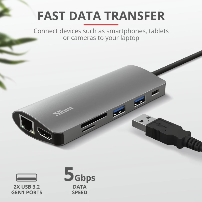 Trust Dalyx 23775 adaptador multiporta USB-C 7 em 1, USB-C 3.2, HDMI, RJ-45 Gigabit Ethernet, leitor SD/microSD, prateado