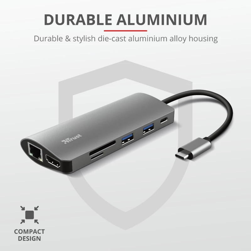 Trust Dalyx 23775 adaptador multiporta USB-C 7 em 1, USB-C 3.2, HDMI, RJ-45 Gigabit Ethernet, leitor SD/microSD, prateado