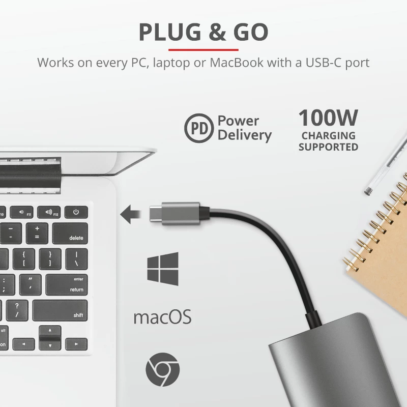 Trust Dalyx 23775 adaptador multiporta USB-C 7 em 1, USB-C 3.2, HDMI, RJ-45 Gigabit Ethernet, leitor SD/microSD, prateado