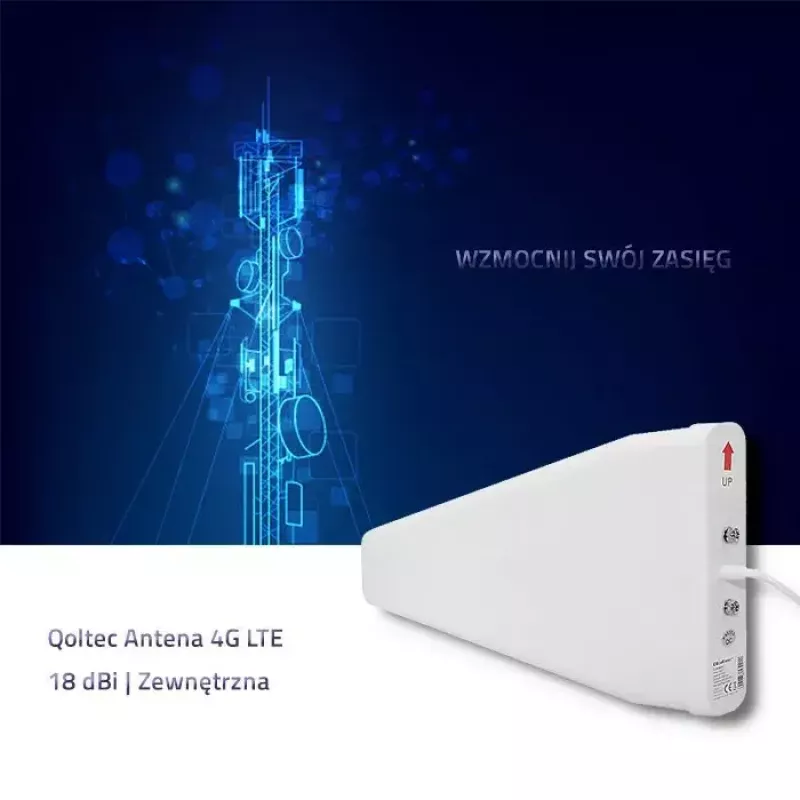 Antena 4G LTE exterior QOLTEC 57021 — ganho 18 dBi, 600–2700 MHz, 50 Ω, 50 W, caixa de plástico branca