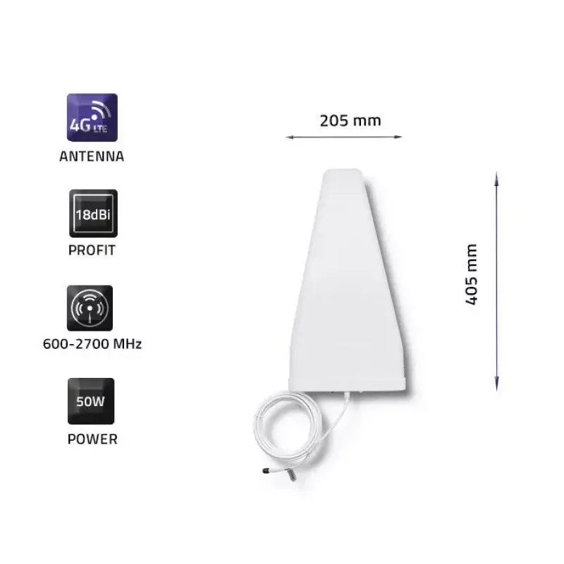 Antena 4G LTE exterior QOLTEC 57021 — ganho 18 dBi, 600–2700 MHz, 50 Ω, 50 W, caixa de plástico branca
