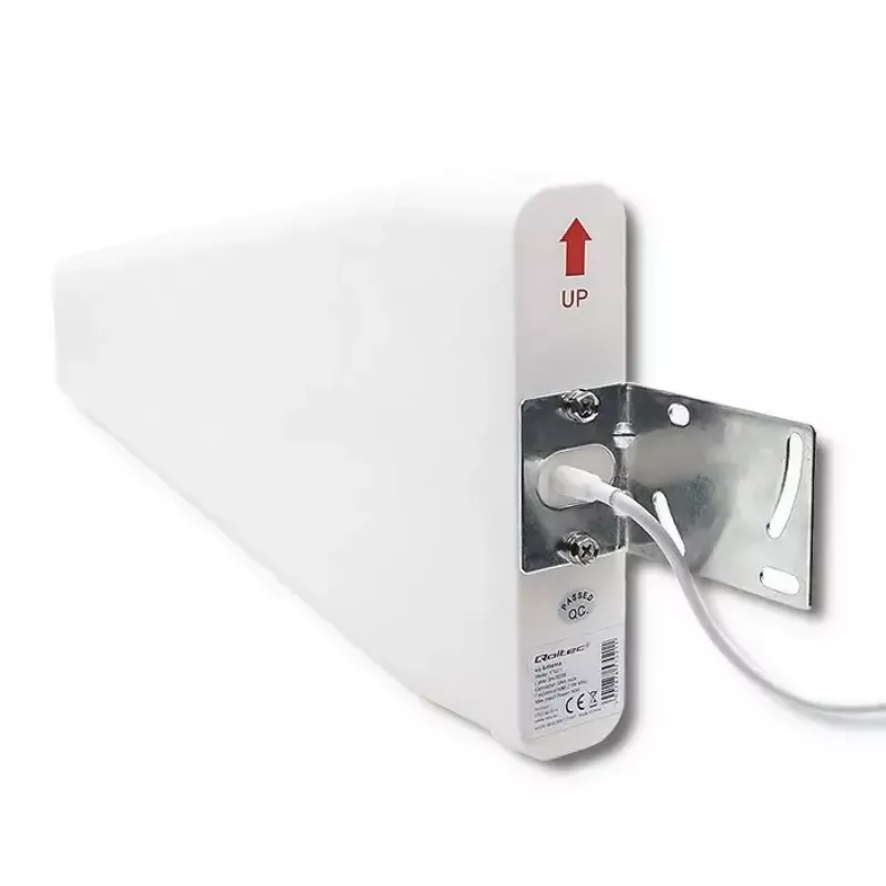 Antena 4G LTE exterior QOLTEC 57021 — ganho 18 dBi, 600–2700 MHz, 50 Ω, 50 W, caixa de plástico branca