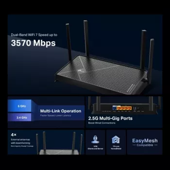 Router wireless TP-Link Archer BE3600 2,5 Gigabit Ethernet Dualband (2,4 GHz / 5 GHz) preto