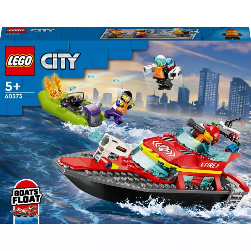 Conjunto LEGO Barco de Resgate dos Bombeiros 60373 — série City, 144 peças, 3 minifiguras, idade 5+, dimensões 80×230×70 mm