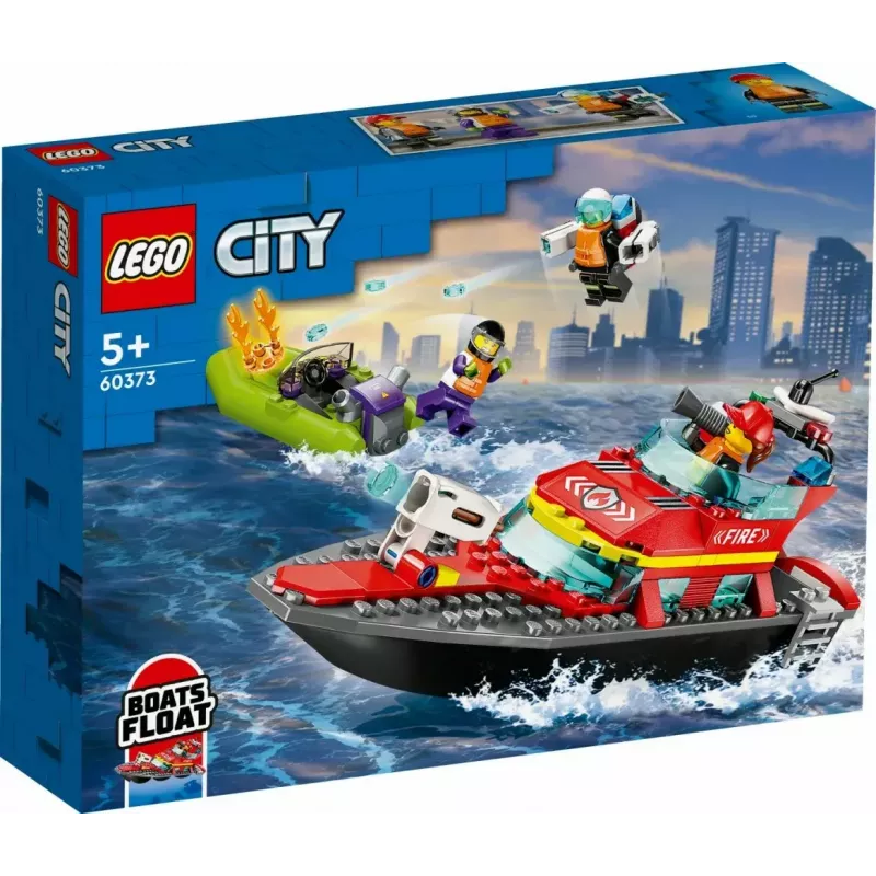 Conjunto LEGO Barco de Resgate dos Bombeiros 60373 — série City, 144 peças, 3 minifiguras, idade 5+, dimensões 80×230×70 mm