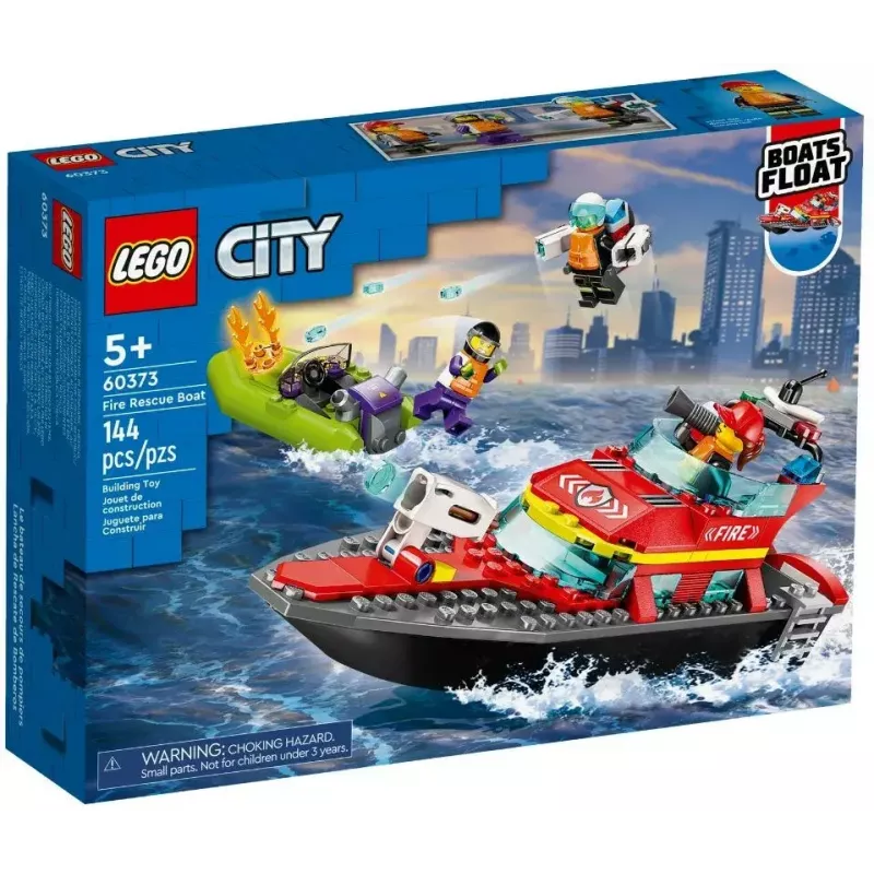 Conjunto LEGO Barco de Resgate dos Bombeiros 60373 — série City, 144 peças, 3 minifiguras, idade 5+, dimensões 80×230×70 mm