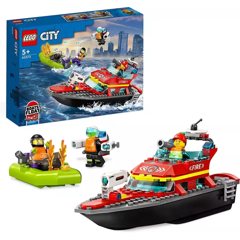 Conjunto LEGO Barco de Resgate dos Bombeiros 60373 — série City, 144 peças, 3 minifiguras, idade 5+, dimensões 80×230×70 mm