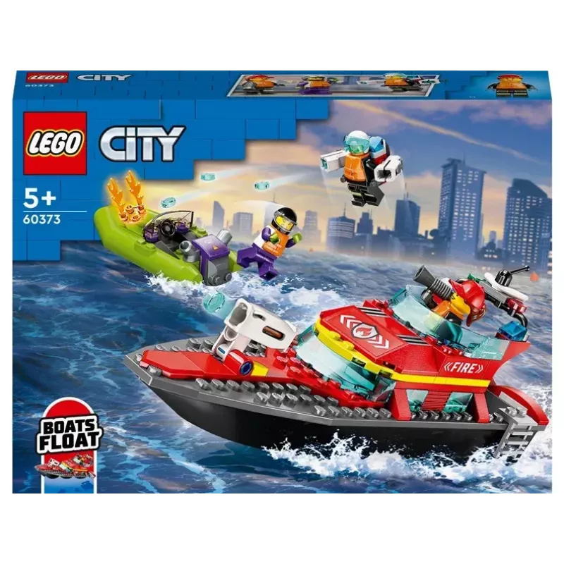 Conjunto LEGO Barco de Resgate dos Bombeiros 60373 — série City, 144 peças, 3 minifiguras, idade 5+, dimensões 80×230×70 mm