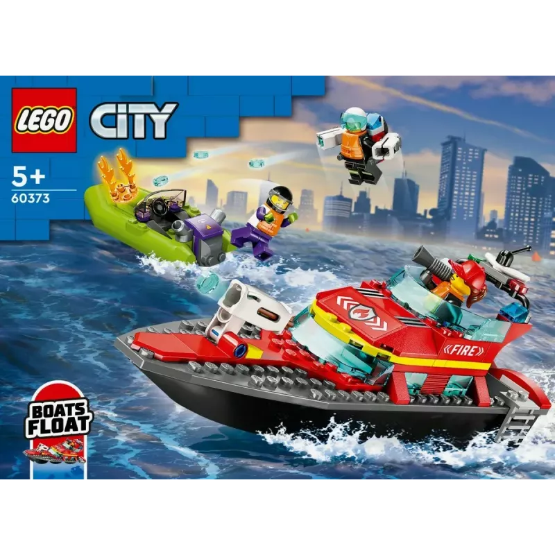 Conjunto LEGO Barco de Resgate dos Bombeiros 60373 — série City, 144 peças, 3 minifiguras, idade 5+, dimensões 80×230×70 mm