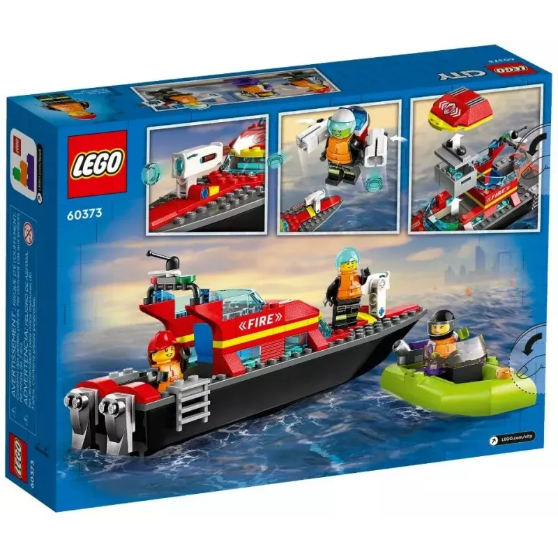 Conjunto LEGO Barco de Resgate dos Bombeiros 60373 — série City, 144 peças, 3 minifiguras, idade 5+, dimensões 80×230×70 mm
