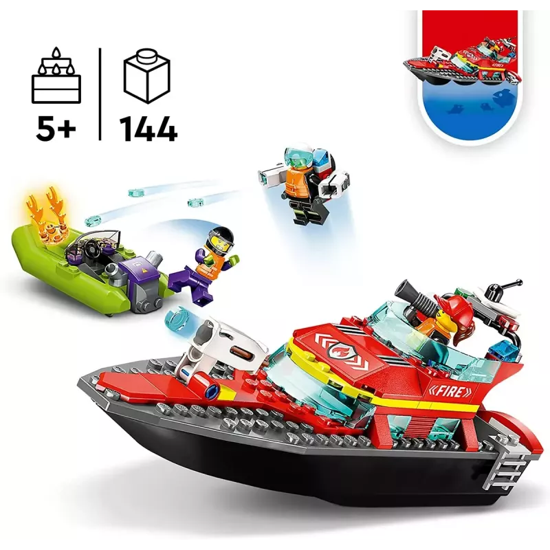 Conjunto LEGO Barco de Resgate dos Bombeiros 60373 — série City, 144 peças, 3 minifiguras, idade 5+, dimensões 80×230×70 mm