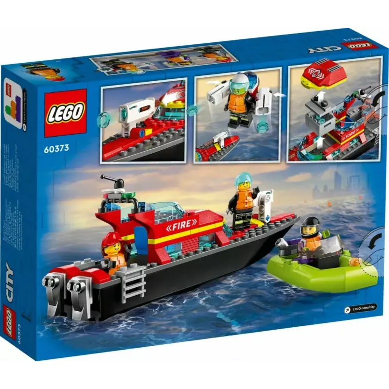 Conjunto LEGO Barco de Resgate dos Bombeiros 60373 — série City, 144 peças, 3 minifiguras, idade 5+, dimensões 80×230×70 mm