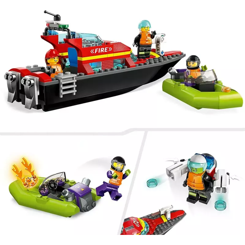 Conjunto LEGO Barco de Resgate dos Bombeiros 60373 — série City, 144 peças, 3 minifiguras, idade 5+, dimensões 80×230×70 mm