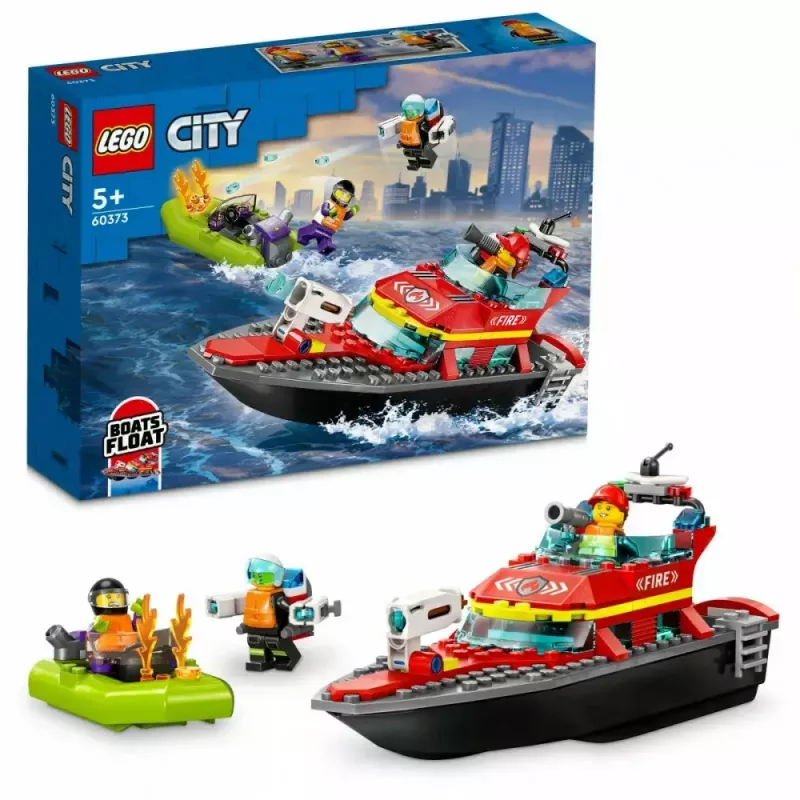 Conjunto LEGO Barco de Resgate dos Bombeiros 60373 — série City, 144 peças, 3 minifiguras, idade 5+, dimensões 80×230×70 mm