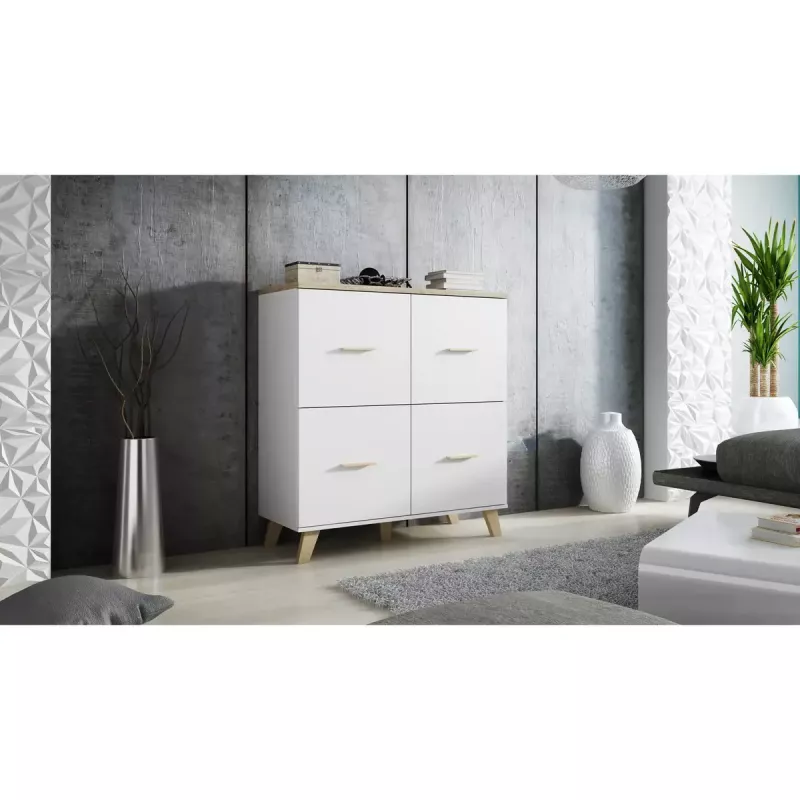 Cama Meble LOTTA 110 4D aparador, branco + carvalho Sonoma