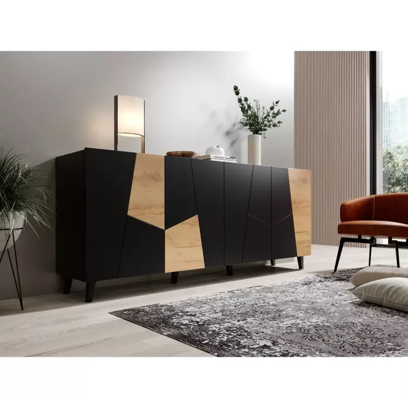 Cómoda cama meble ETNA 200x42x82 cm, preto mate com carvalho rústico, aglomerado